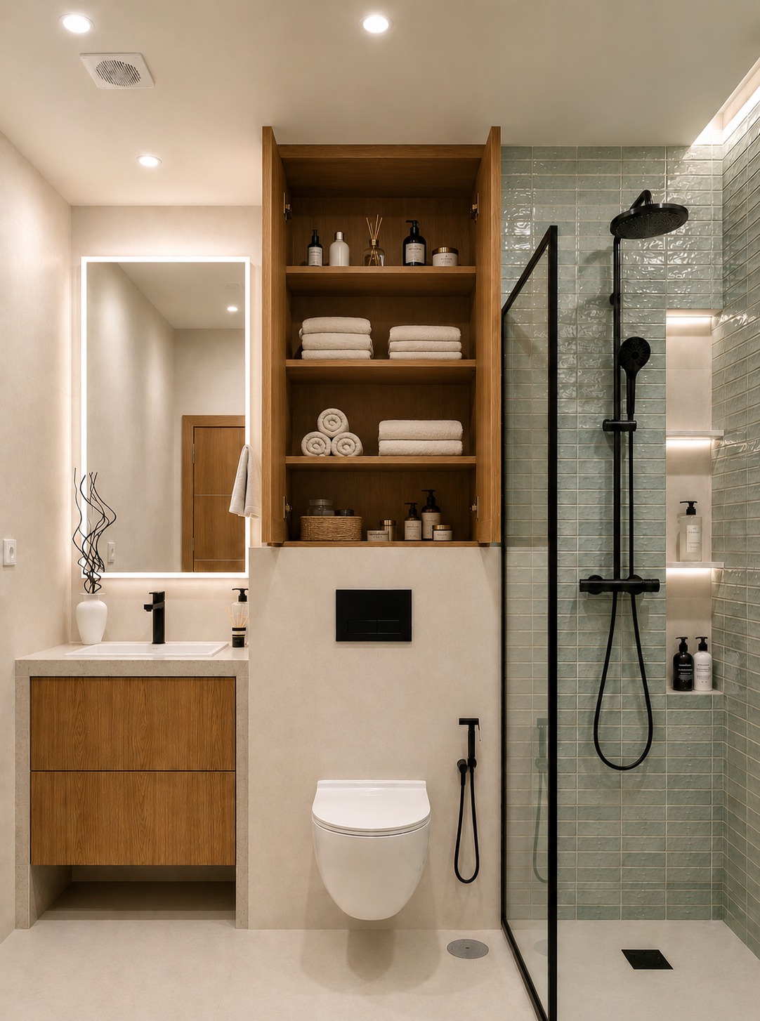 Terra & Sage — Detalhe de arrumação e nicho em carvalho