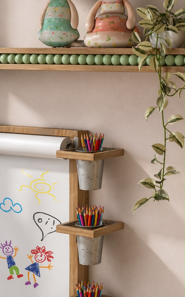 Canto criativo do quarto Tiny Bloom com cavalete de papel em madeira, porta-lápis em metal e prateleira decorativa com bonecos