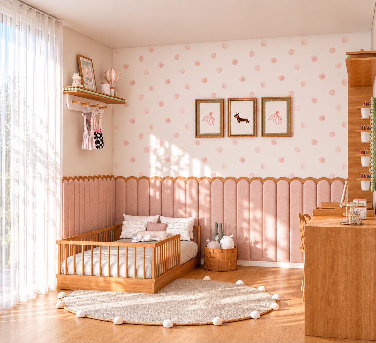 Vista ampla do quarto infantil Tiny Bloom em Cascais — luz natural, cama baixa em madeira, painel estofado e zona de estudo à direita